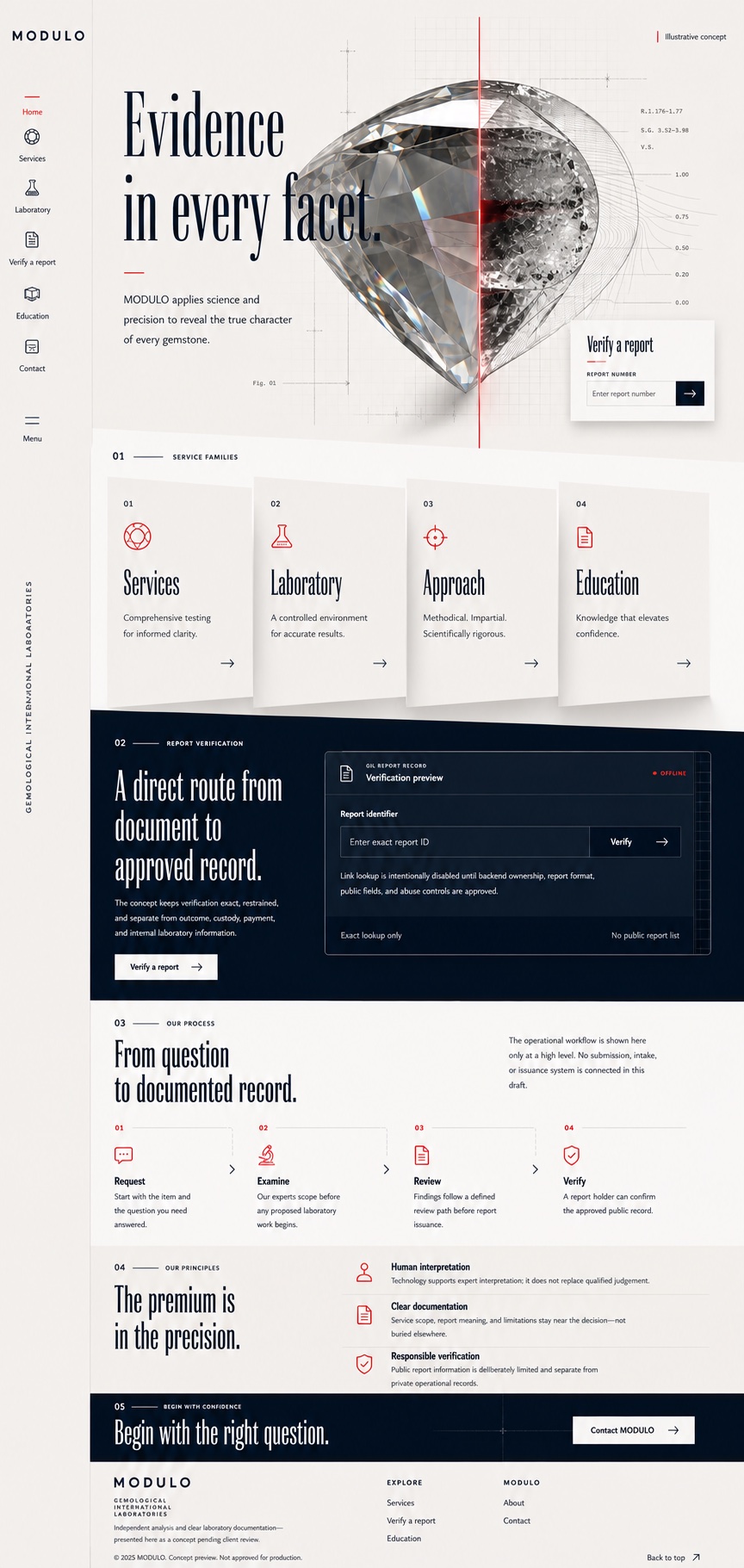 Illustrative gemological laboratory website concept with a split diamond visual