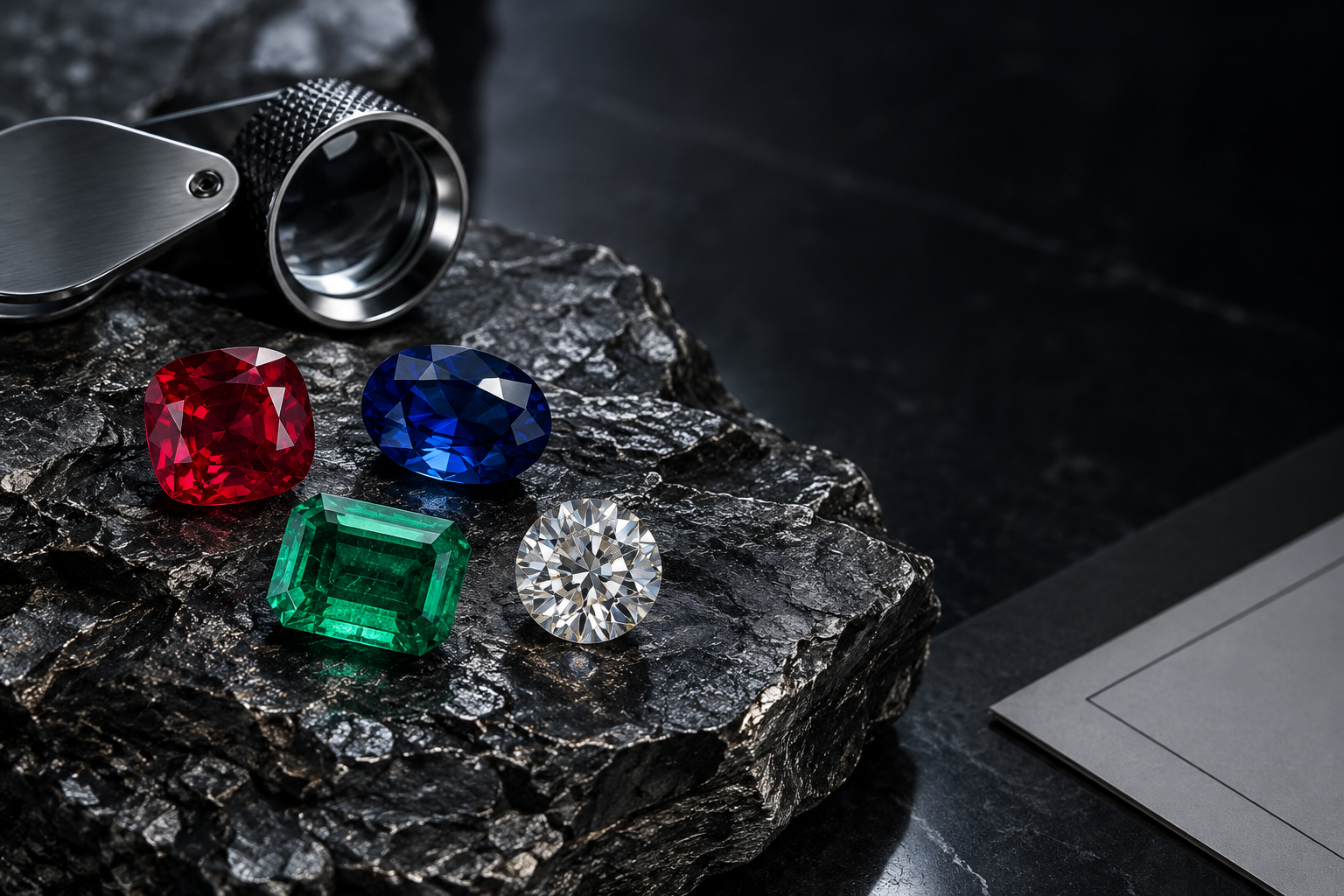 Ruby, sapphire, emerald, and diamond arranged beside a jeweler's loupe and an archival record